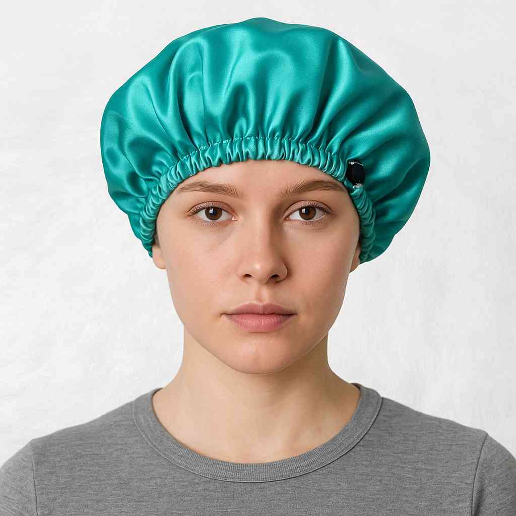 Une femme porte le Bonnet en Satin Turquoise Réglable