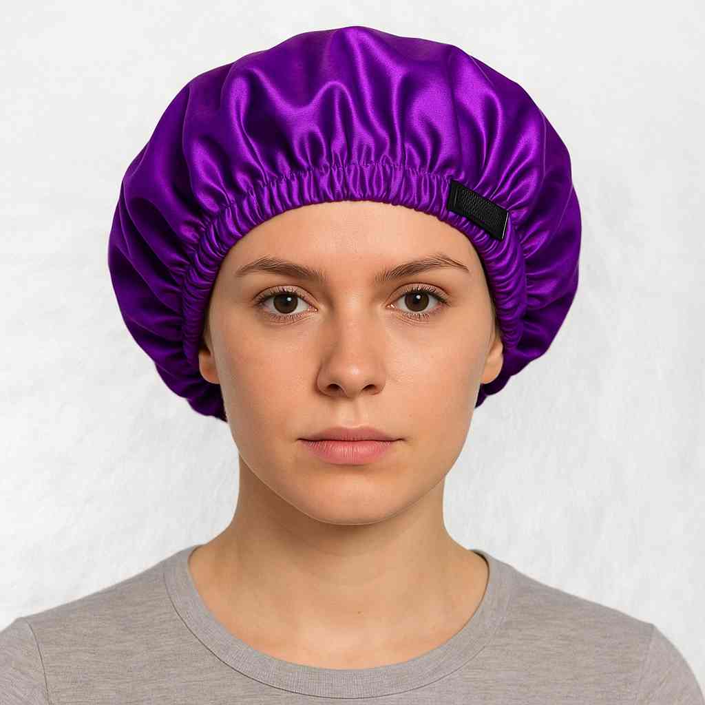 Une femme porte le Bonnet en Satin Violet Réglable