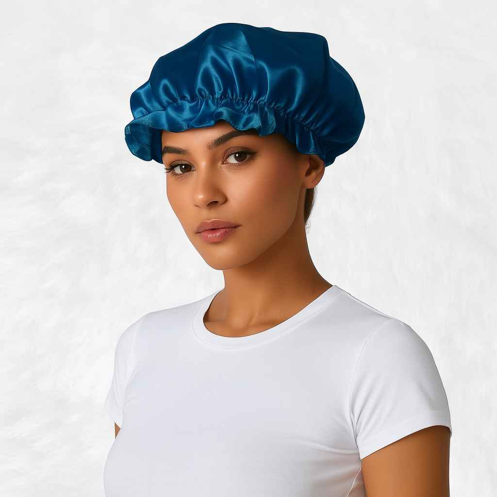 Une femme porte le Bonnet en Soie Bleu Charlotte