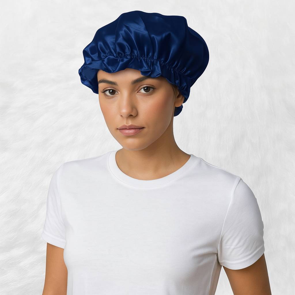 Une femme porte le Bonnet en Soie Bleu Nuit Charlotte