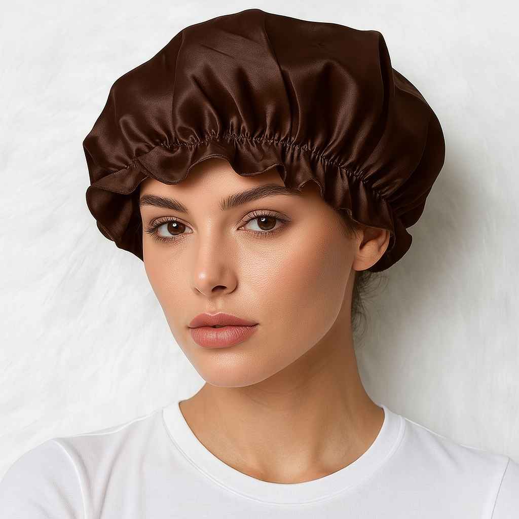 uNE FEMME PORTE LE Bonnet en Soie Marron Charlotte