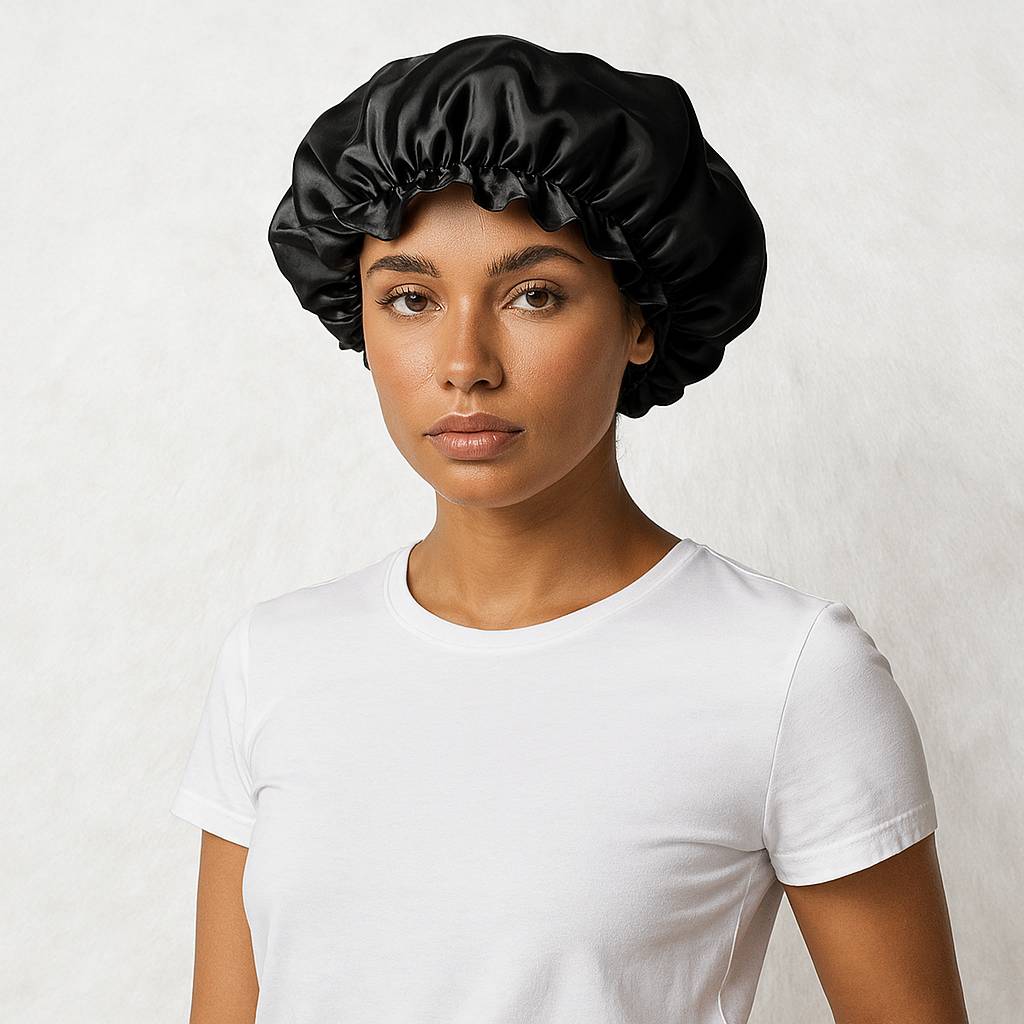 Une femme porte le Bonnet en Soie Noir Charlotte