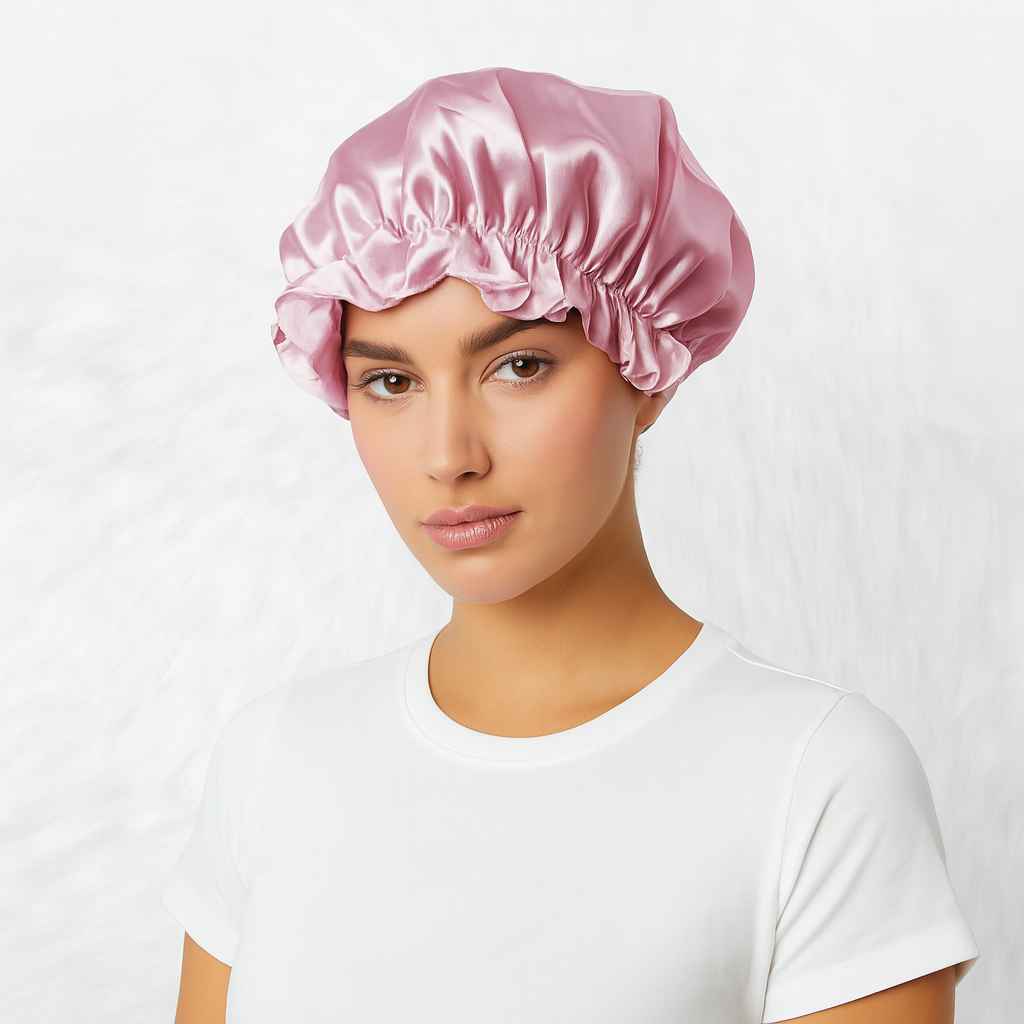 Une femme porte le Bonnet en Soie Rose Charlotte