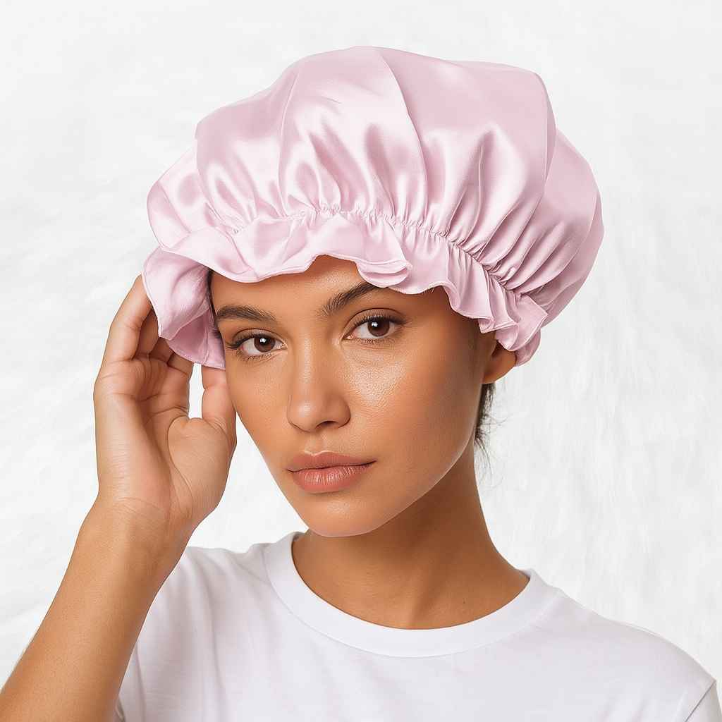Une femme porte le Bonnet en Soie Rose Pale Charlotte