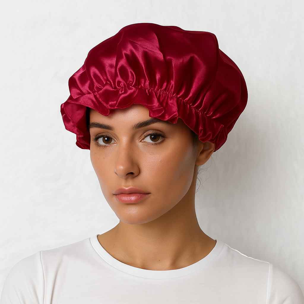 Une femme porte le Bonnet en Soie Rouge Charlotte