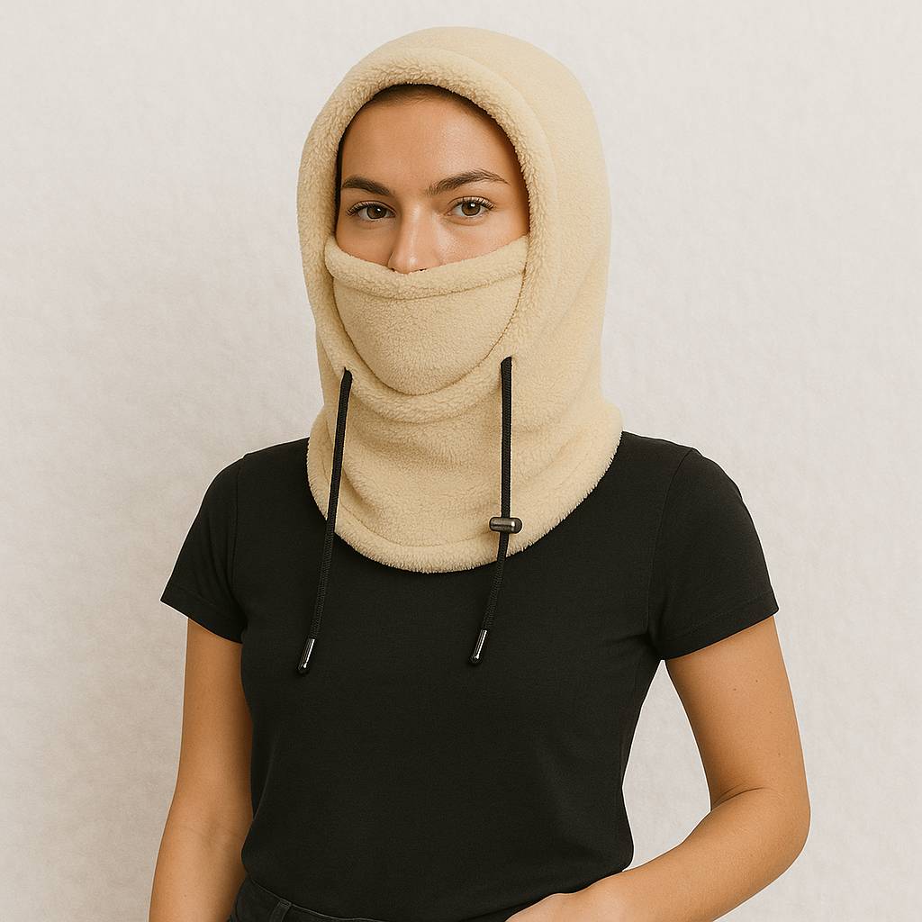 Une femme porte la Cagoule Femme Beige
