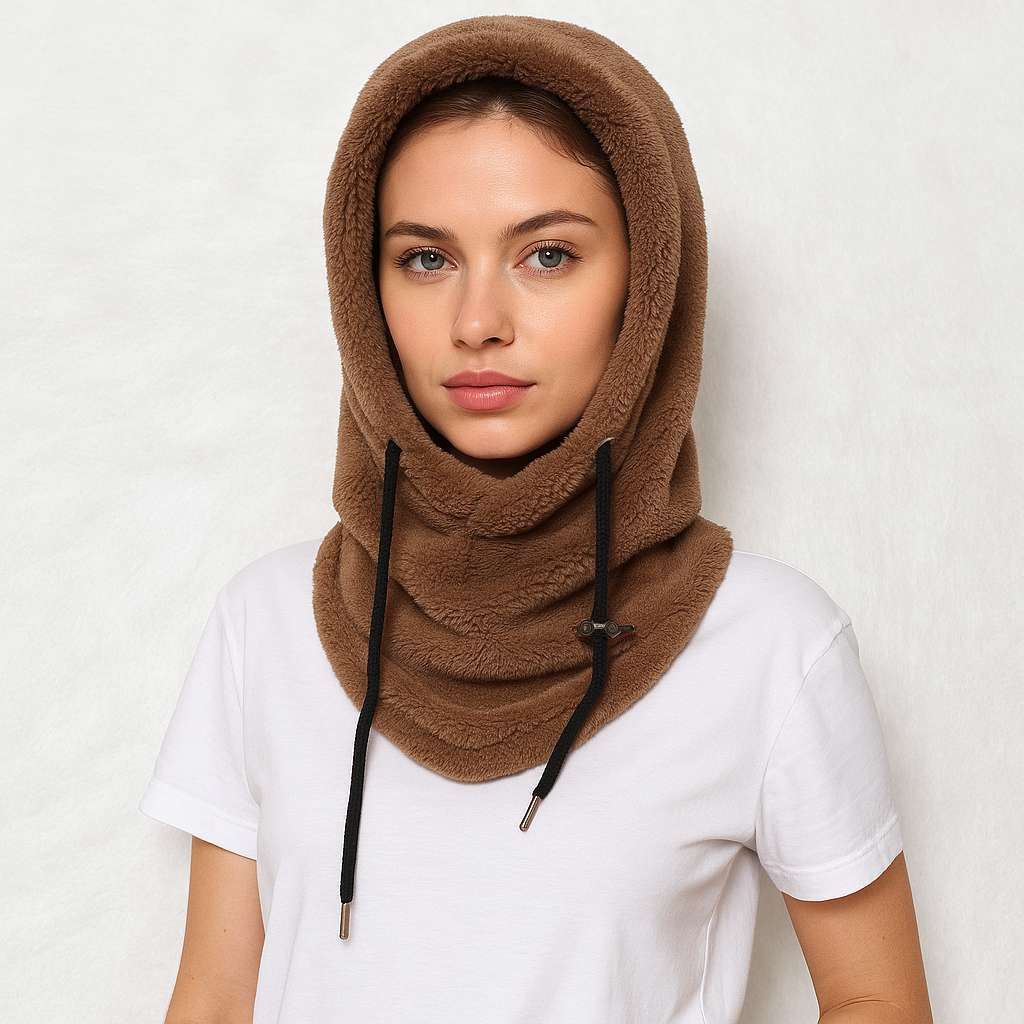Une femme porte la Cagoule Femme Marron