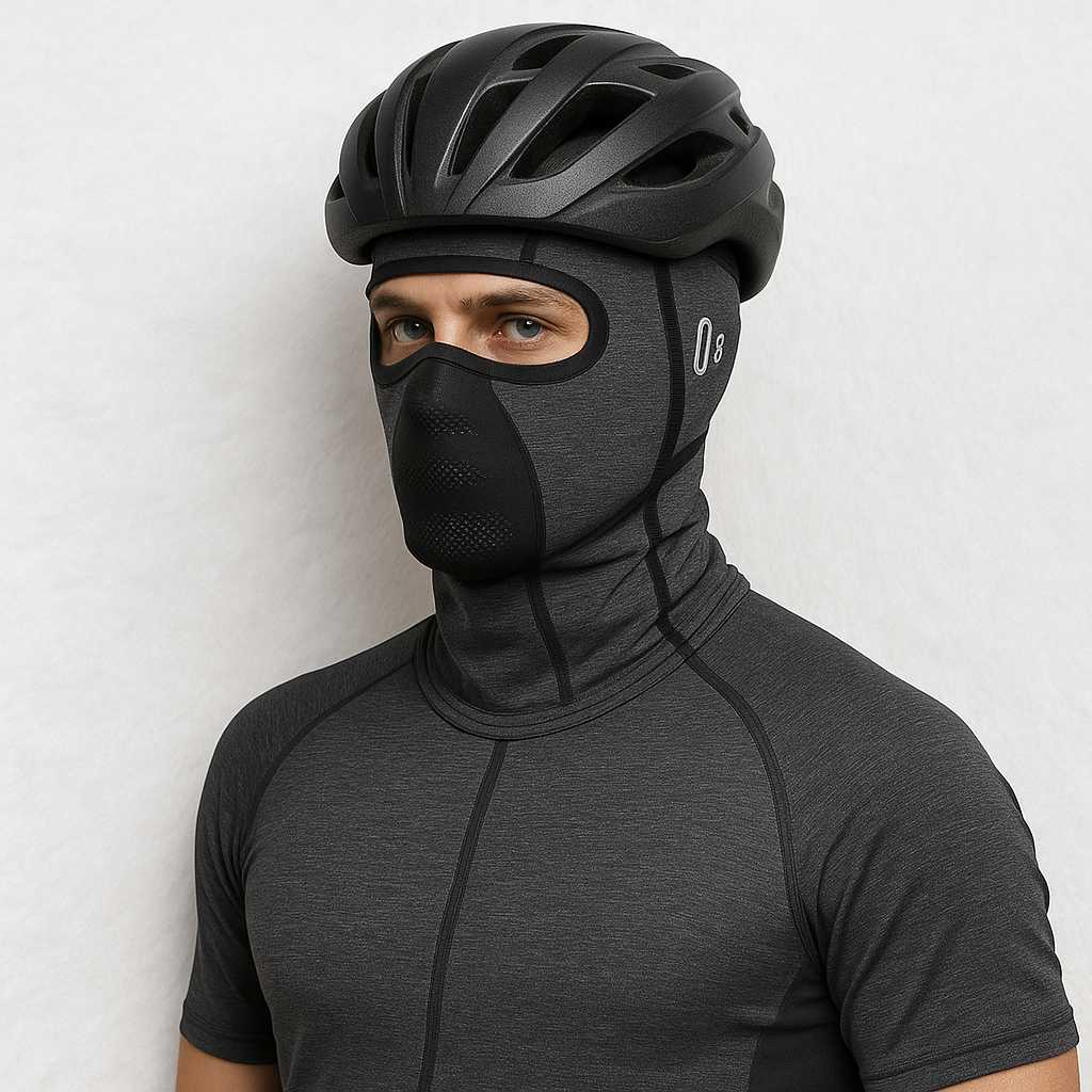 Un homme porte la Cagoule Moto Longue et Grise
