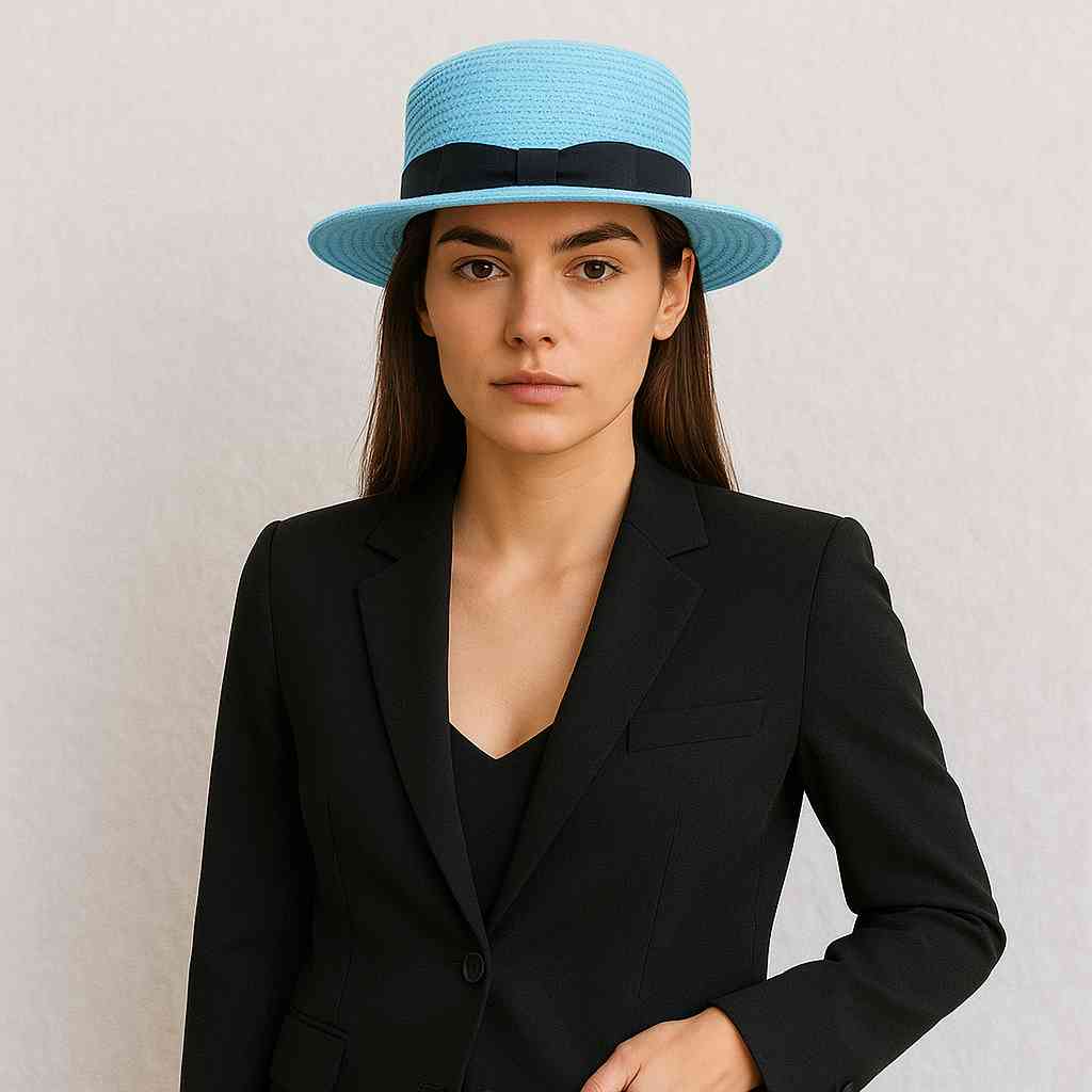 Une femme porte le Canotier de Paille bleu ciel