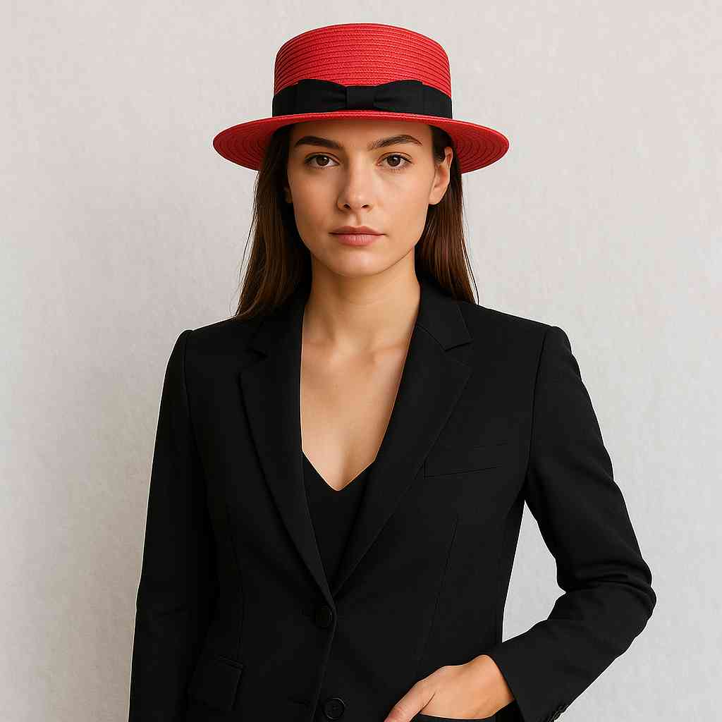 Une femme porte le Canotier de Paille rouge