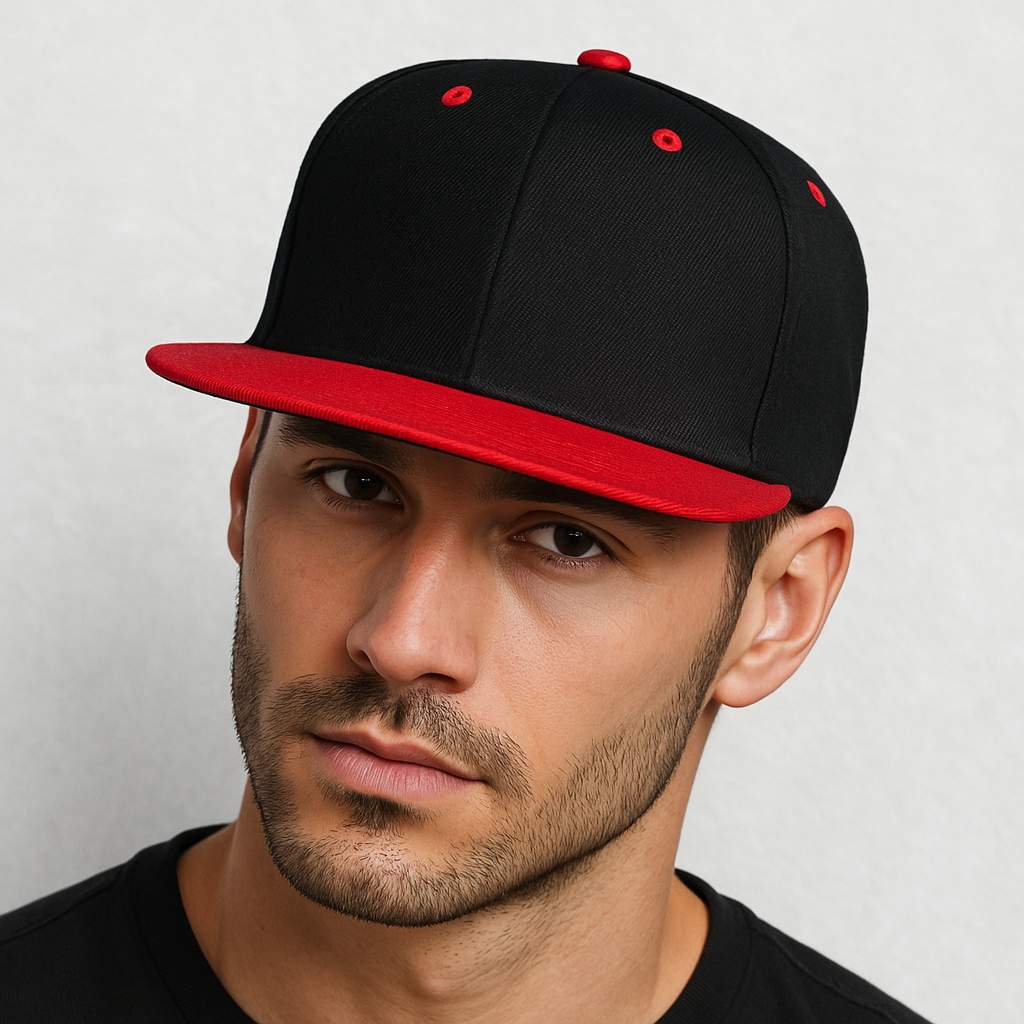 Un homme porte la Casquette Snapback plate rouge & noire