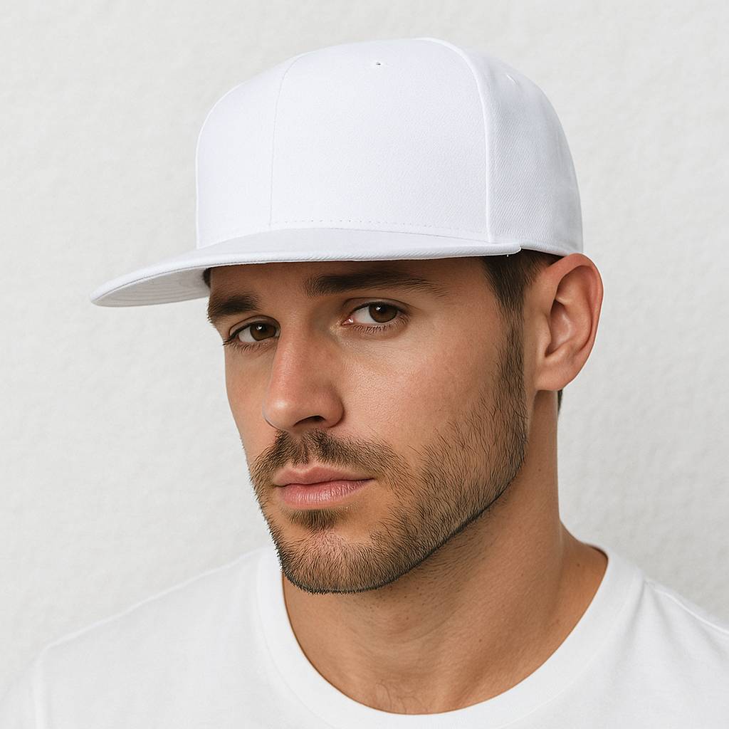 Un homme porte la Casquette Snapback visière plate blanche