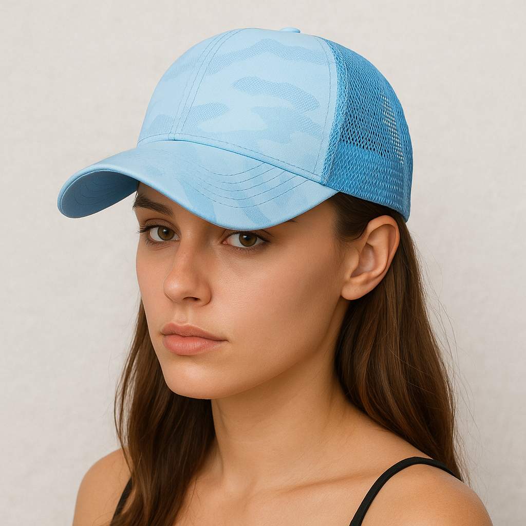 Une feme porte la Casquette Trucker Femme Bleu