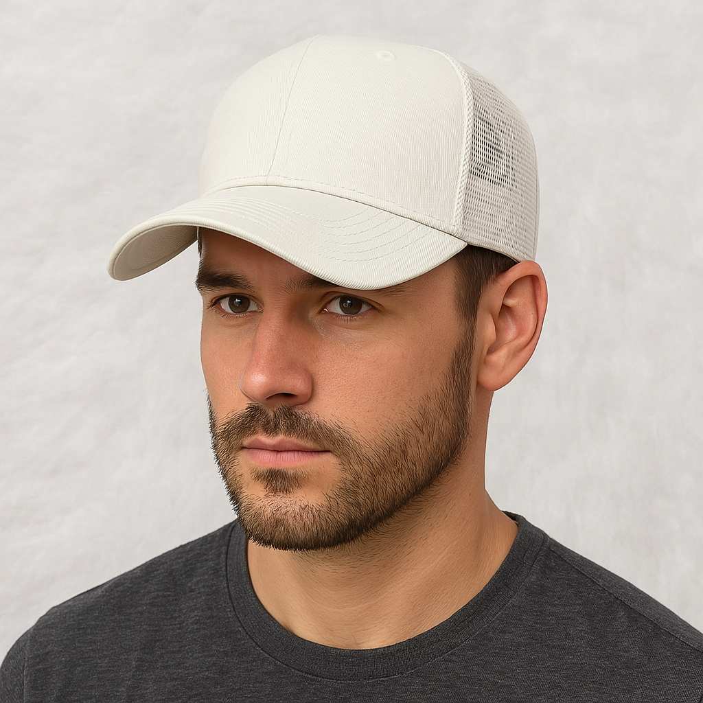 Un homme porte la Casquette Trucker Grande Taille beige