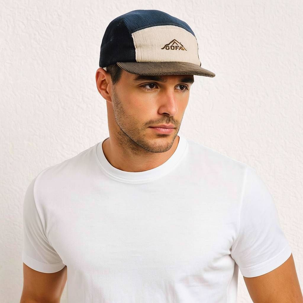 Un homme porte la Casquette 5 Panel Outdoors Velours Crème