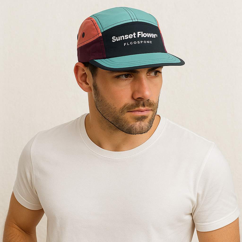 Un homme porte la Casquette 5 Panel Sport bleu