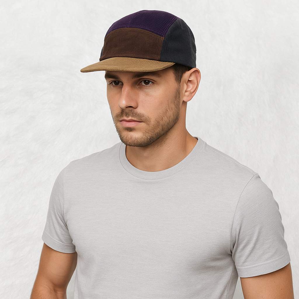 Un homme porte la Casquette 5 Panel Velours Côtelé marron