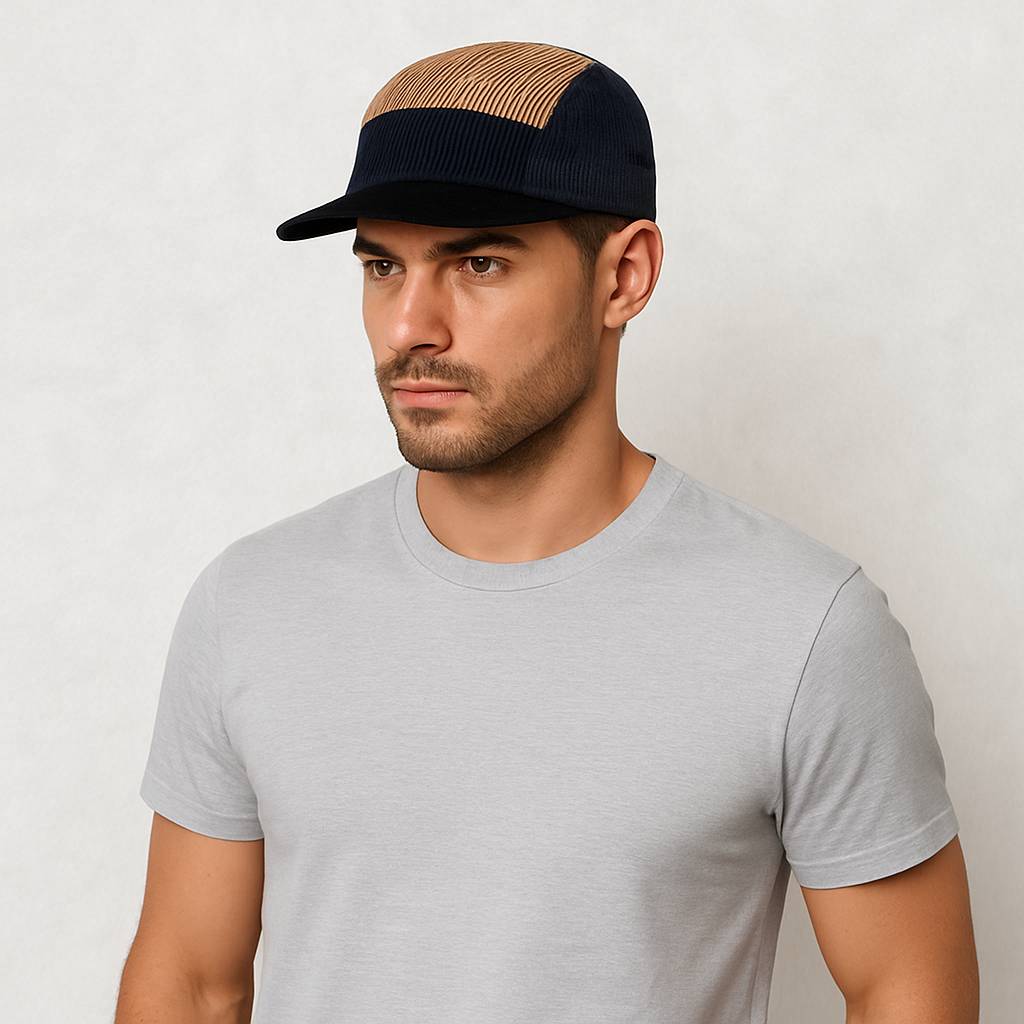 Un homme porte le Casquette 5 Panel Velours Côtelé noir