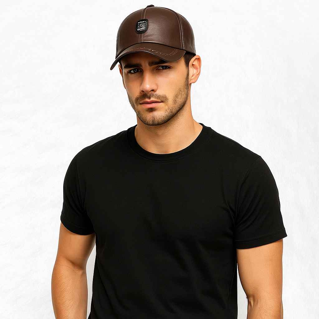 Un homme porte la Casquette Cuir Homme Marron