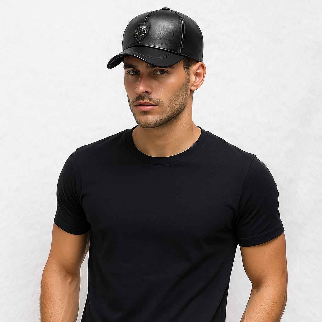 Un homme porte la Casquette Cuir Homme Noir