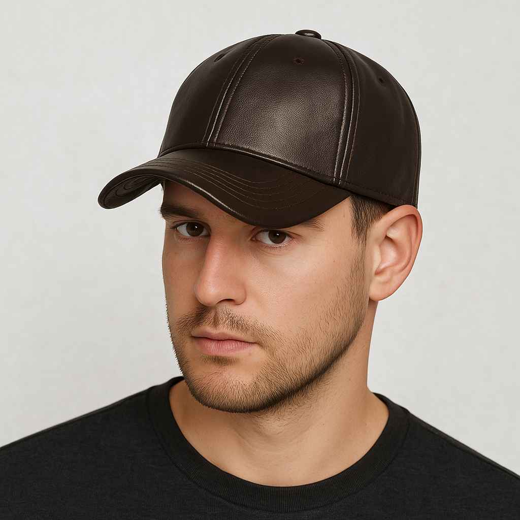 Un homme porte la Casquette Cuir Végan Marron