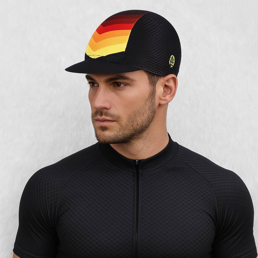 UN homme porte la Casquette Cyclisme Dégradé Rouge Jaune.