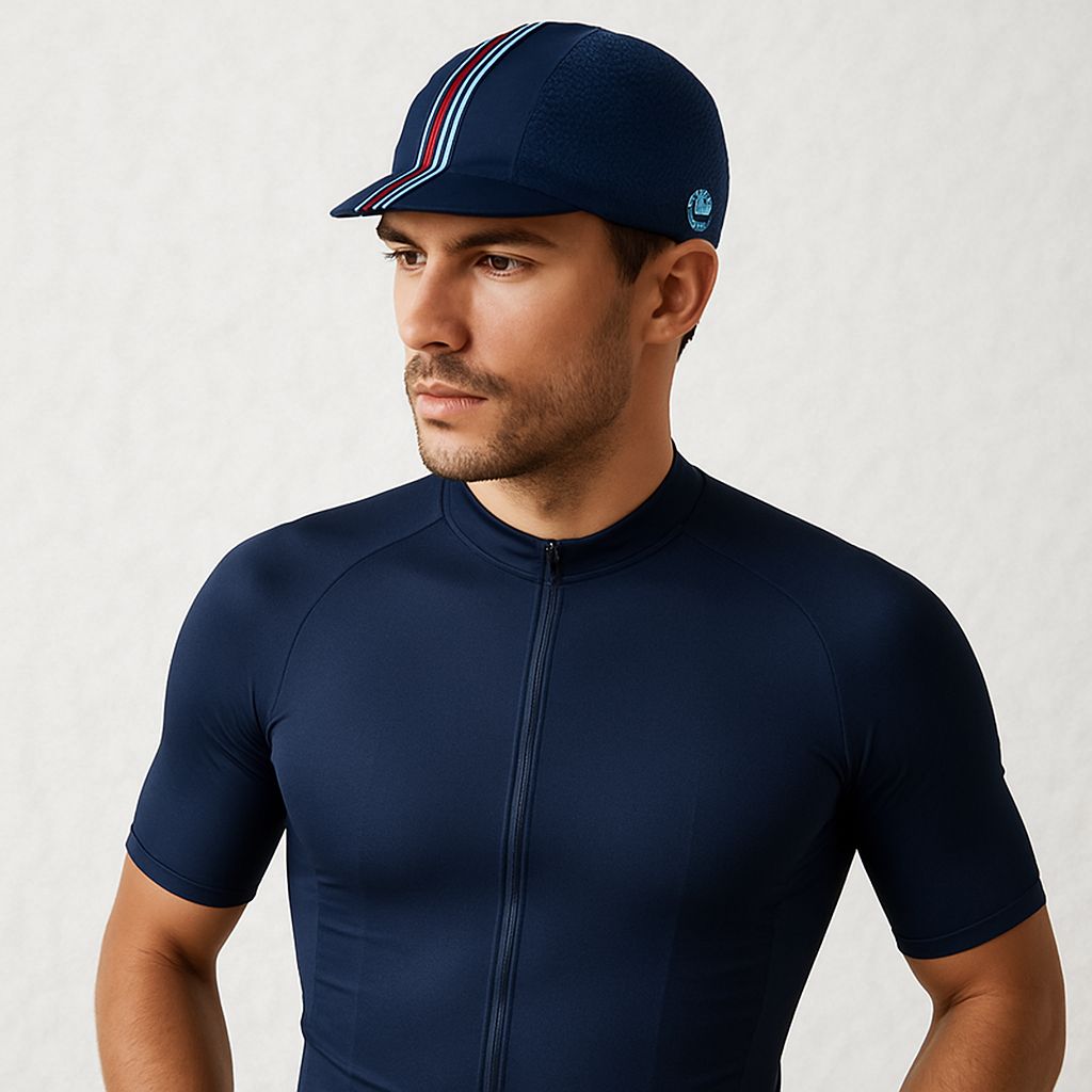 Un homme porte la Casquette Cycliste Bleu Navy