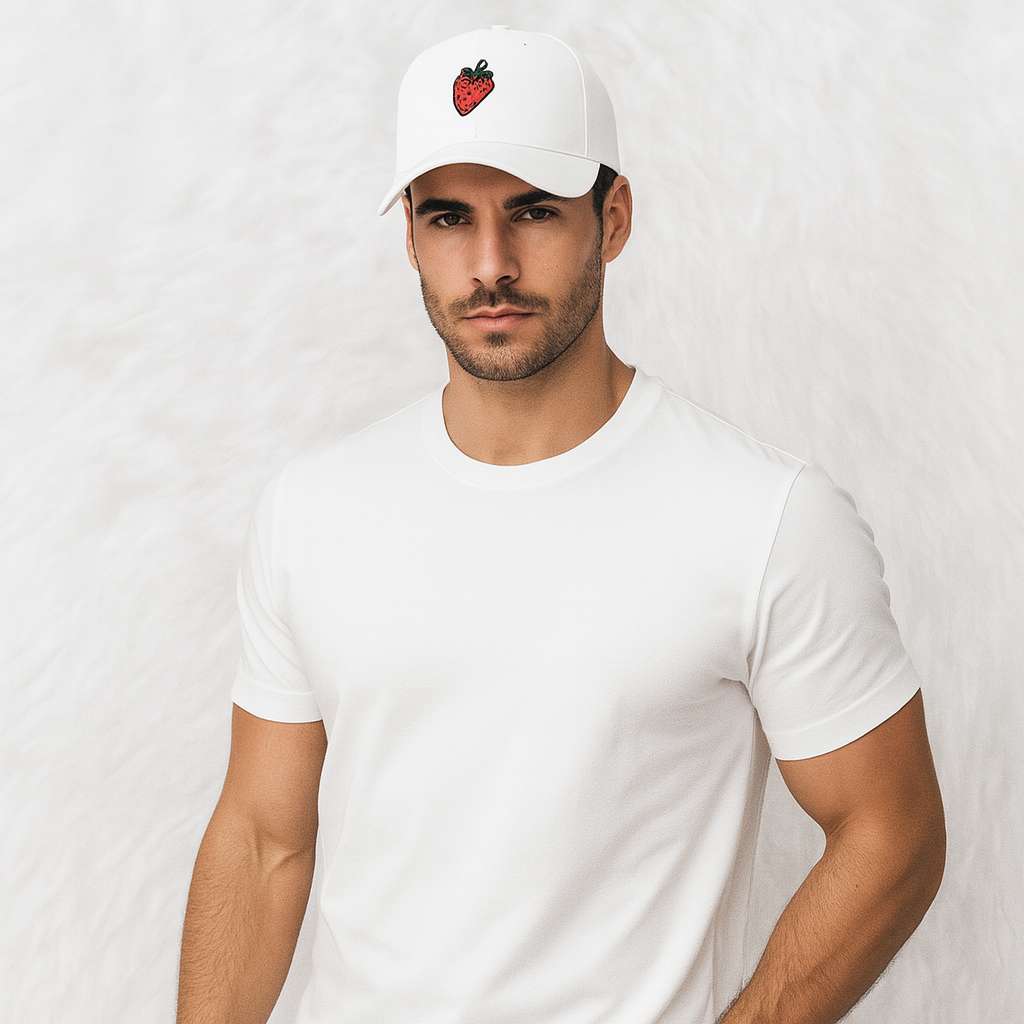Un homme porte la Casquette Fraise blanche