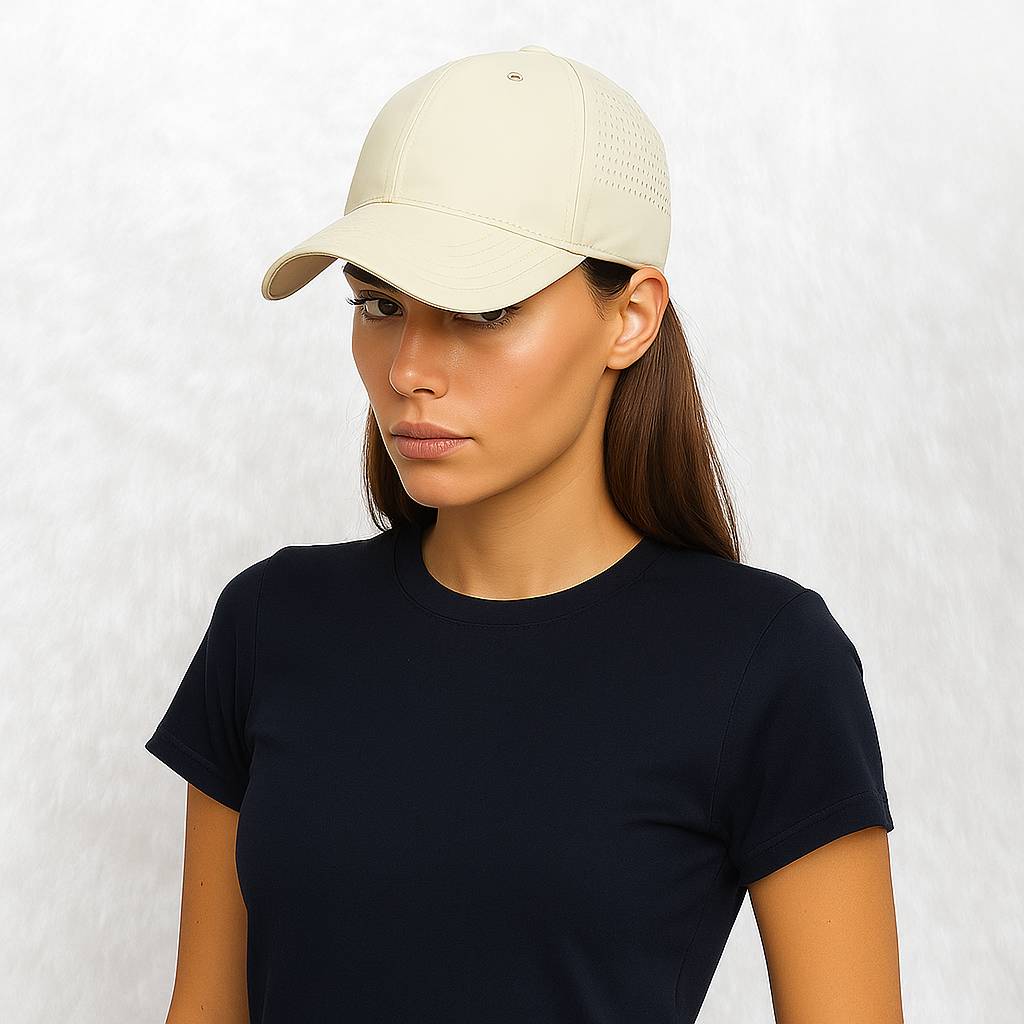 Une femme porte la Casquette Grande Taille Sport beige