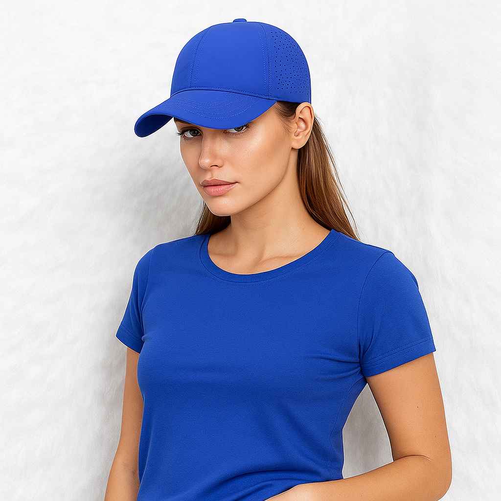 Un femme porte la Casquette Grande Taille Sport bleu