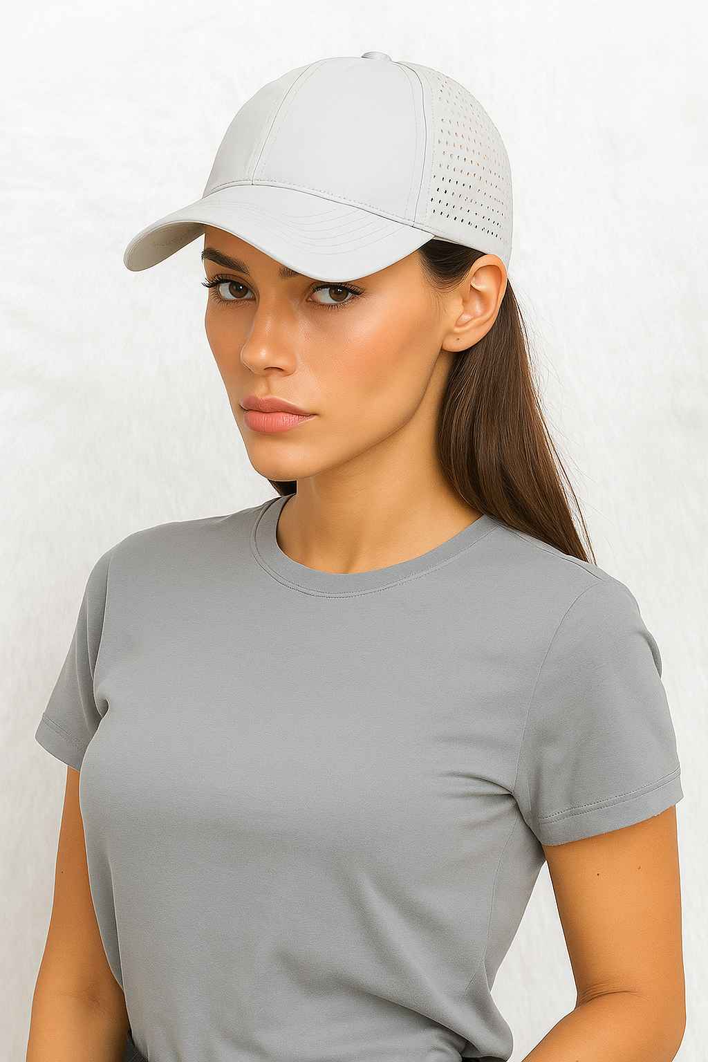 Une femme porte la Casquette Grande Taille Sport gris clair