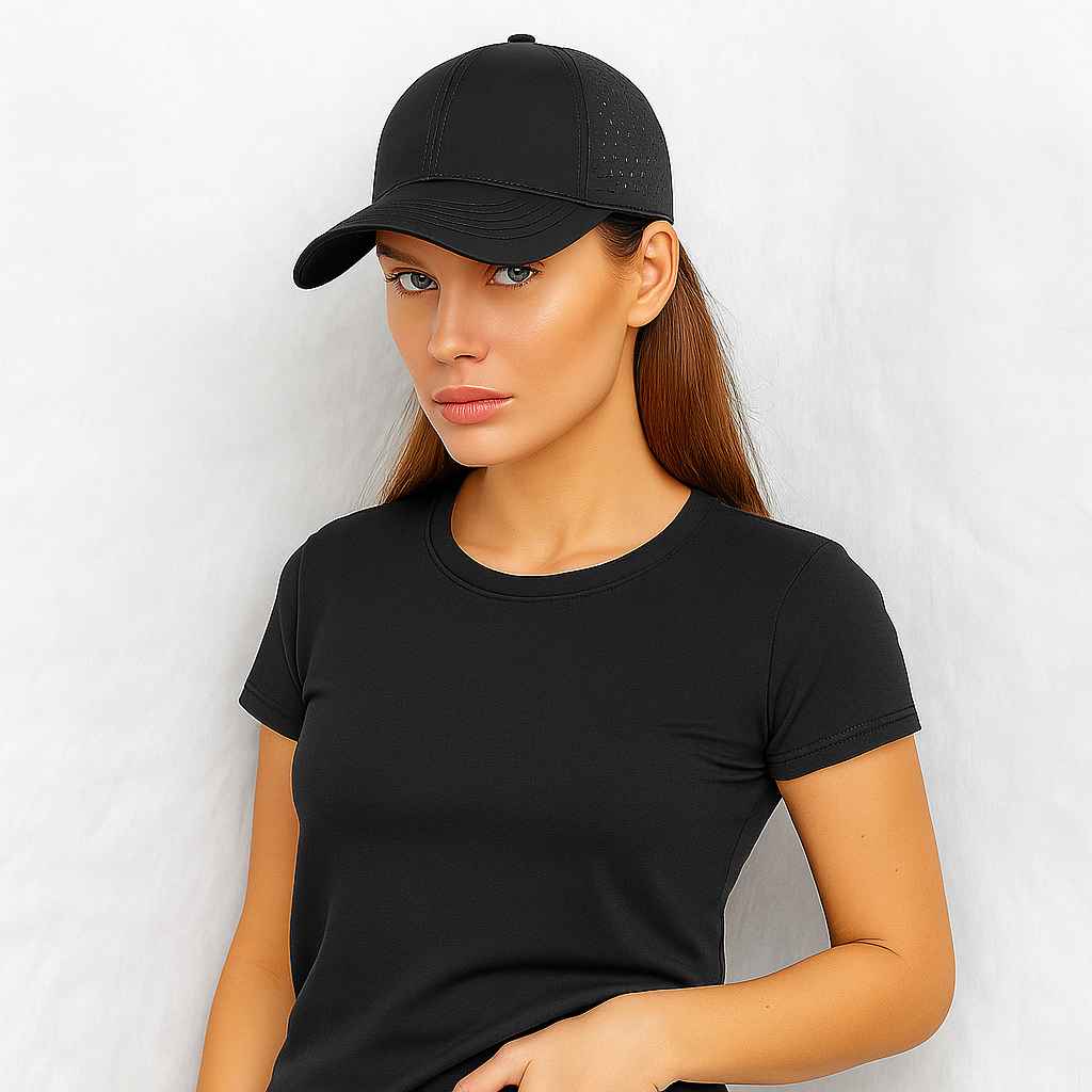 Une femme porte la Casquette Grande Taille Sport noir