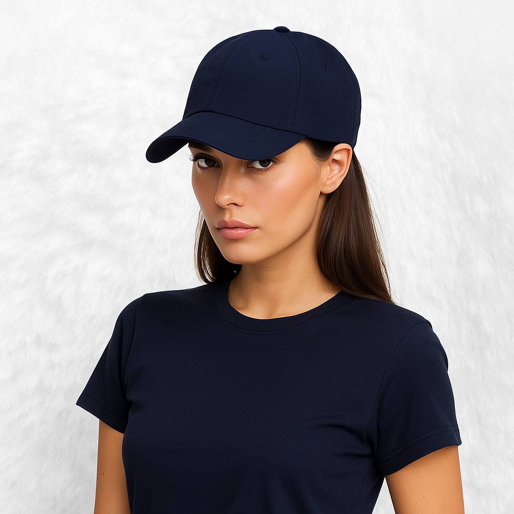 Une femme porte la Casquette Imperméable bleu nuit