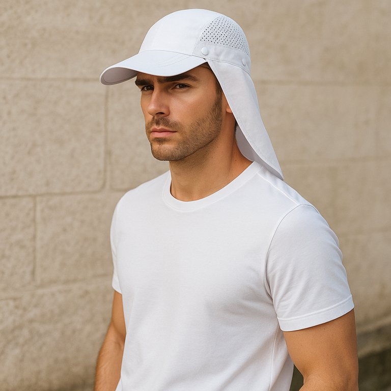 Un homme porte la Casquette Longue Visière Anti uv blanche