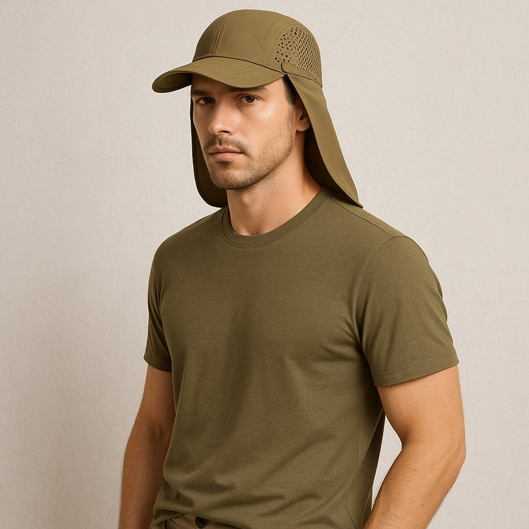 Un homme porte la Casquette Longue Visière Anti uv kaki