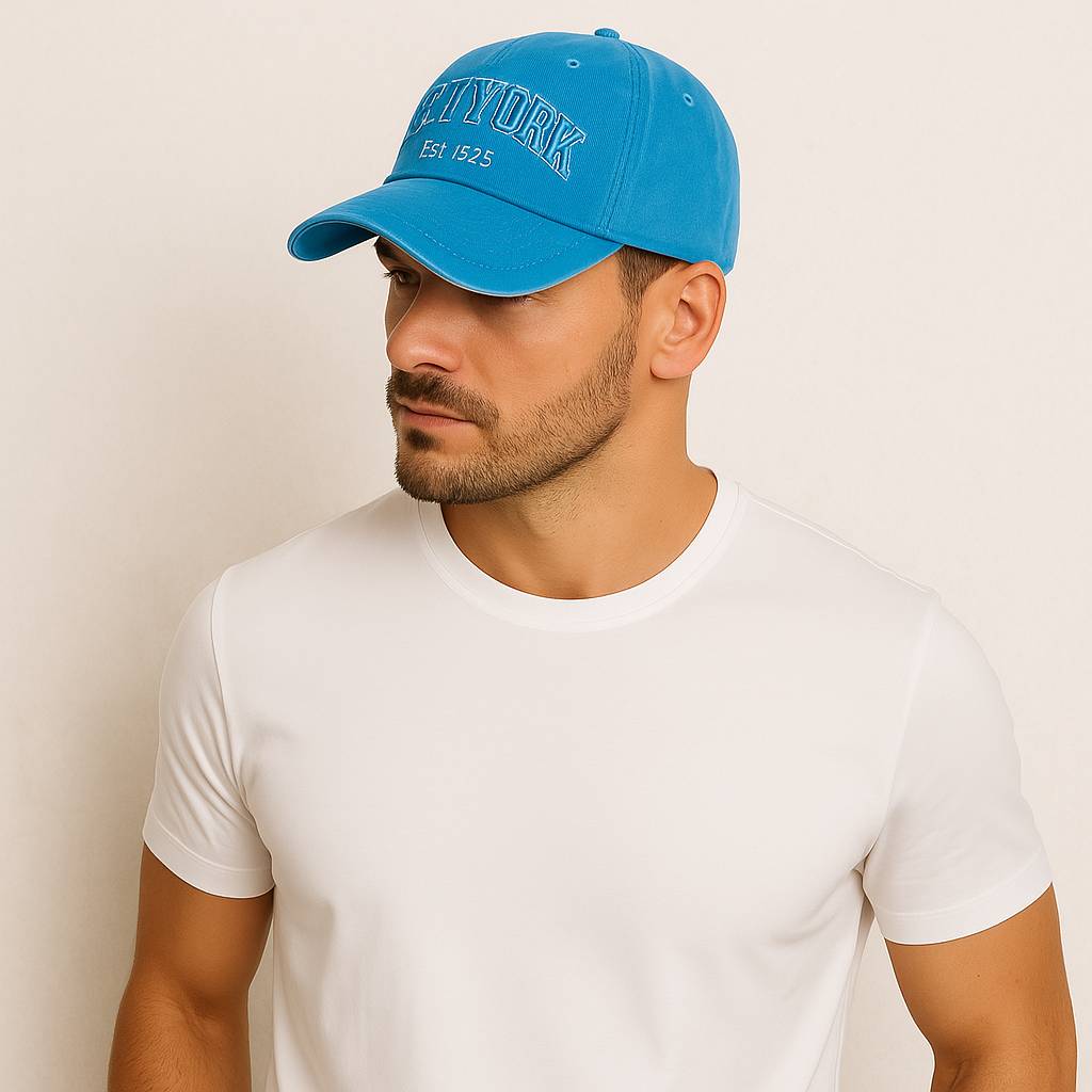 Un homme porte la Casquette New York Bleu