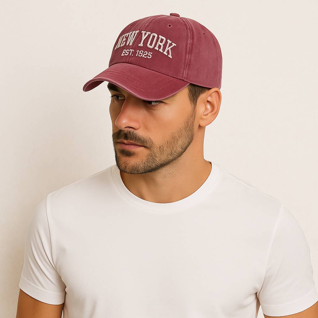 Un homme porte la Casquette New York Rouge