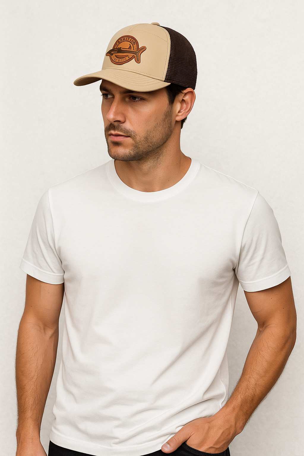 Un homme porte la Casquette Pêche Trucker beige