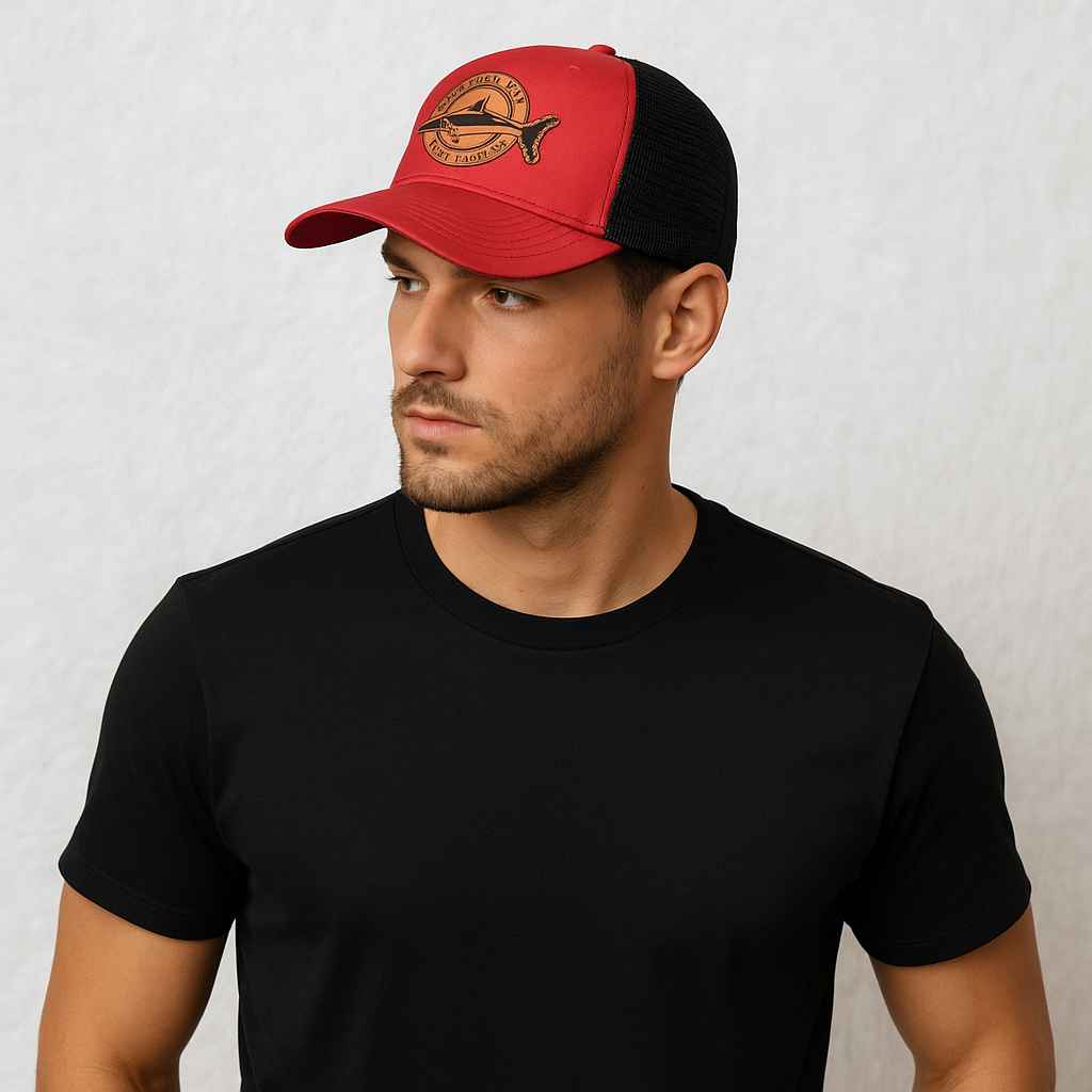 Un hmme porte la Casquette Pêche Trucker rouge