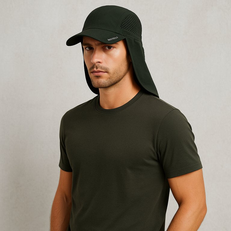 Un homme porte la Casquette Protège Nuque vert foncé