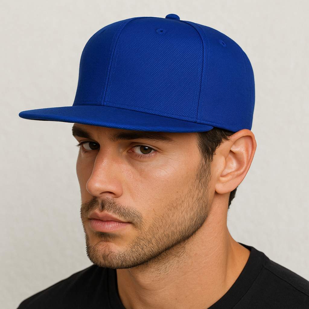 Un homme porte la Casquette Snapback visière plate bleu roi