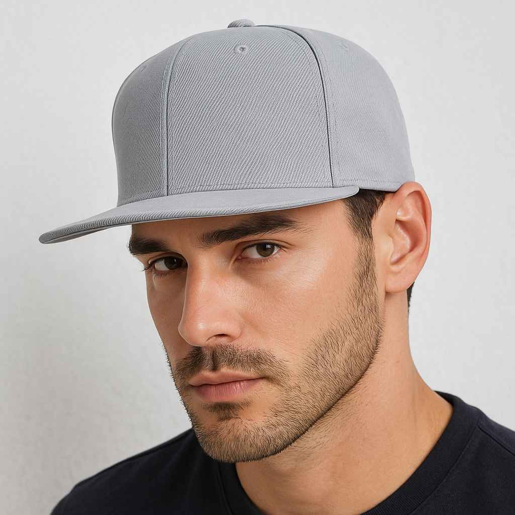 Un homme porte la Casquette Snapback visière plate grise