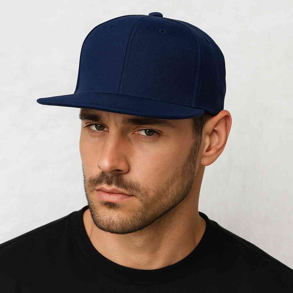 Un homme porte la Casquette Snapback visière plate marine