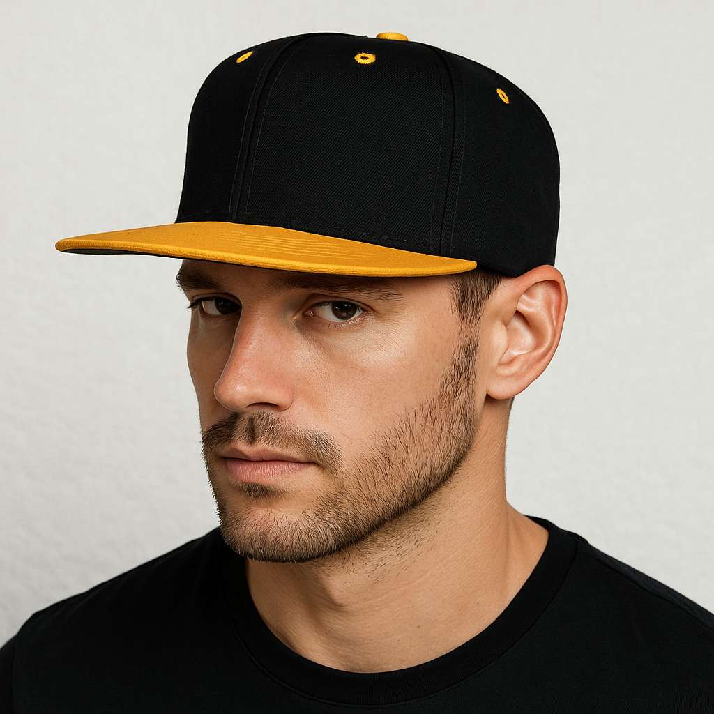 Un homme porte la Casquette Snapback visière plate noir & jaune