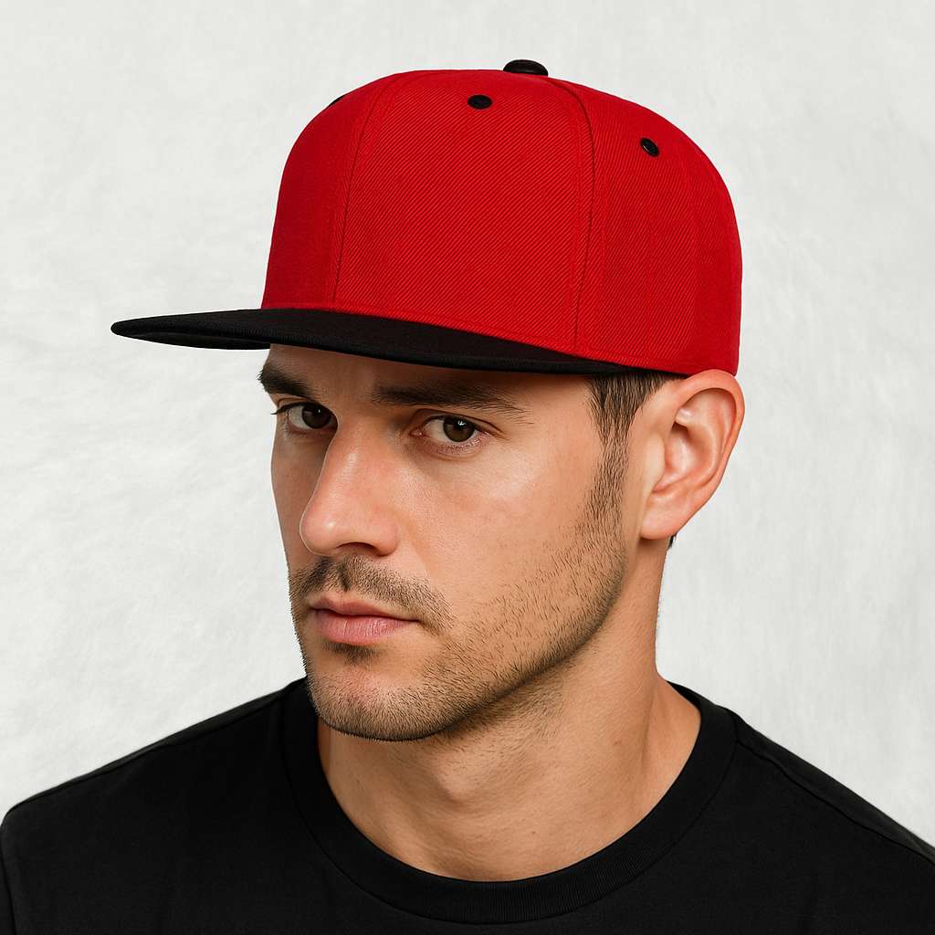 Un homme porte la Casquette Snapback visière plate noir & rouge