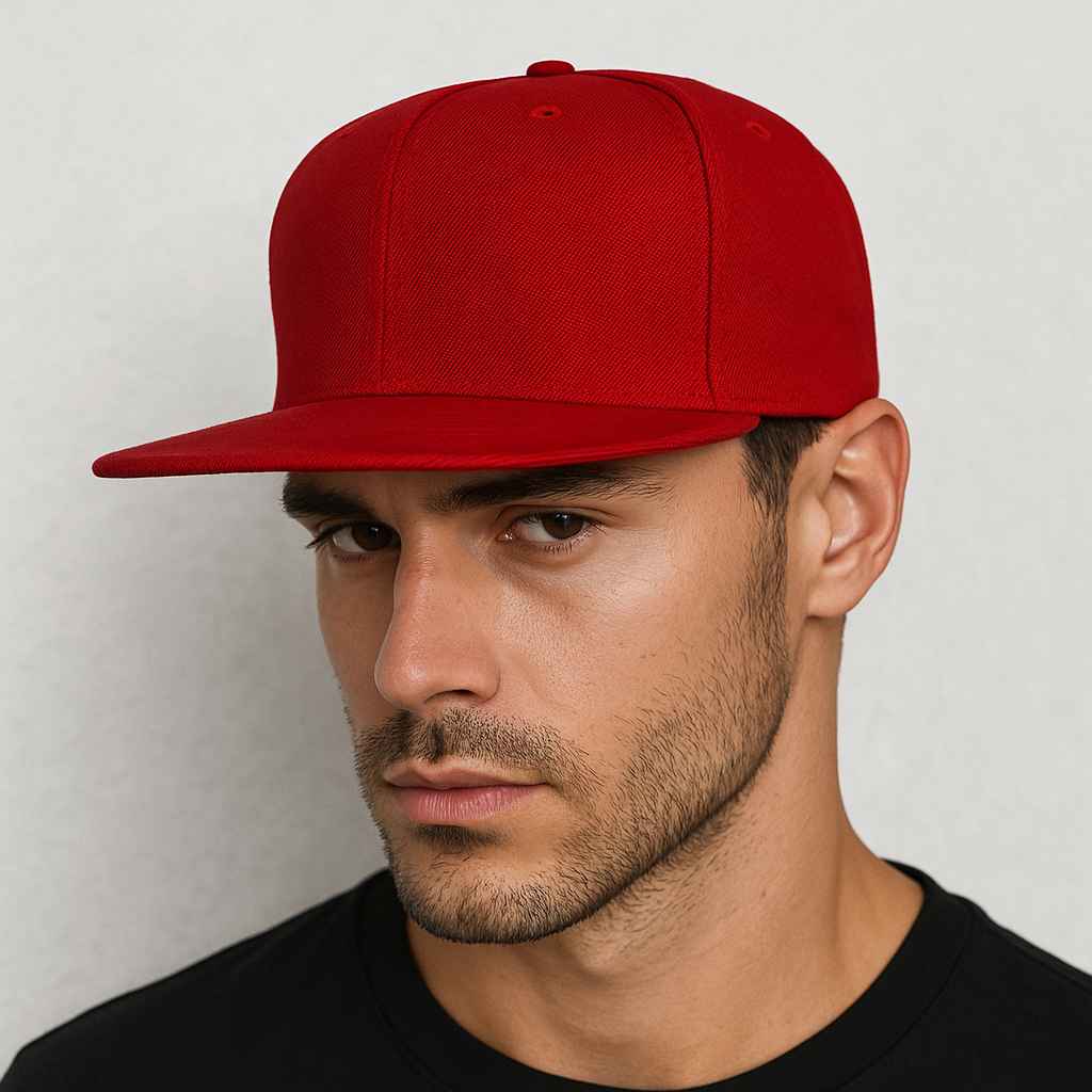 Un homme porte a Casquette Snapback visière plate rouge