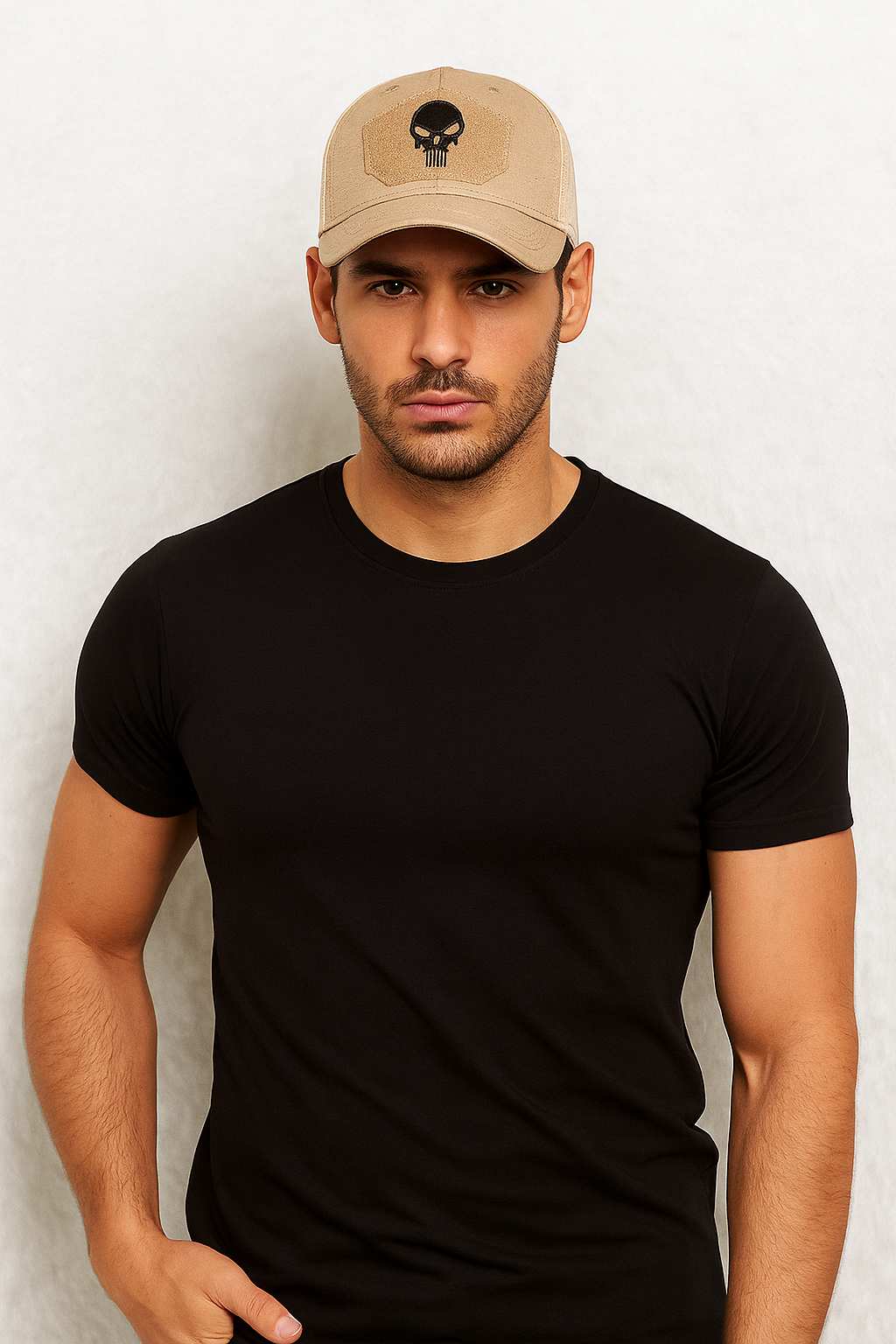 Un homme porte la Casquette Tête de mort Beige
