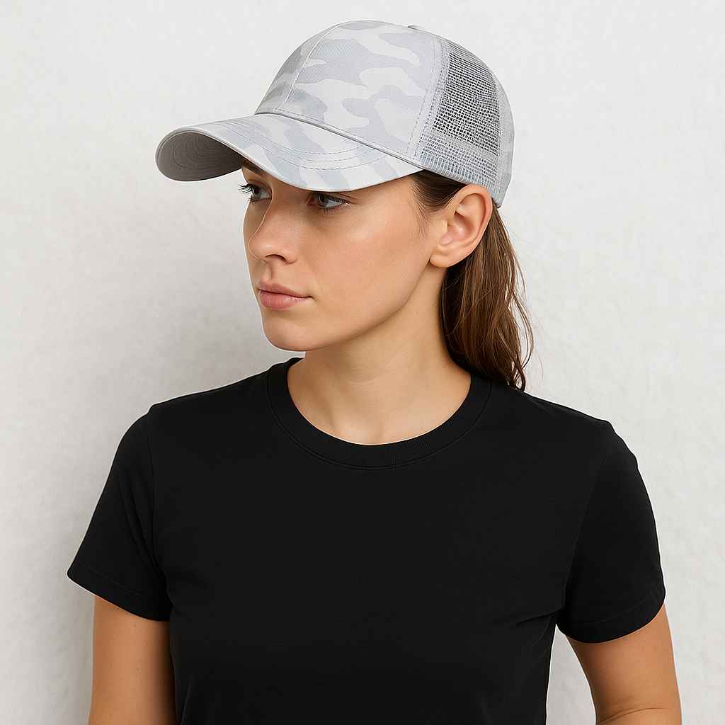 Une femme porte la Casquette Trucker Femme Grise