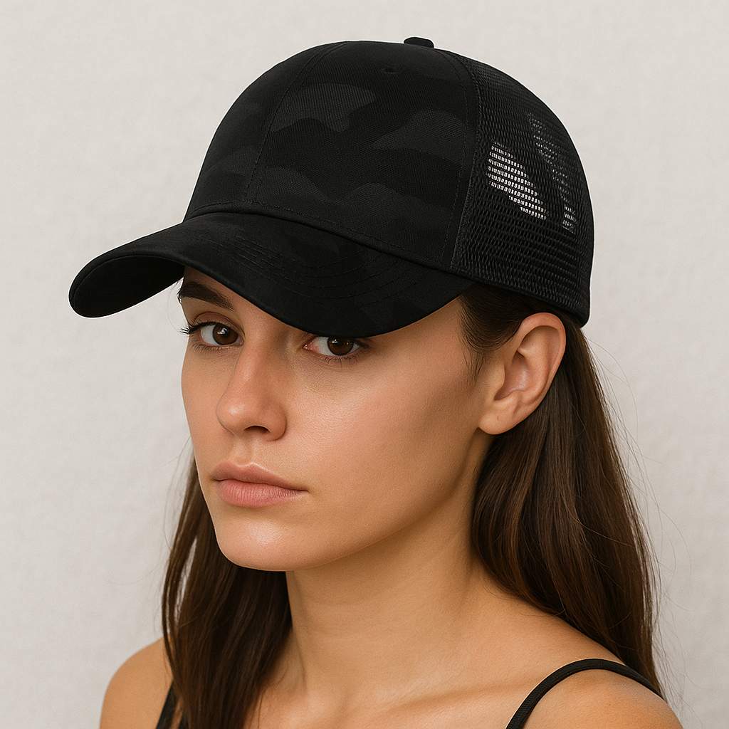 Une femme porte la Casquette Trucker Femme Noir