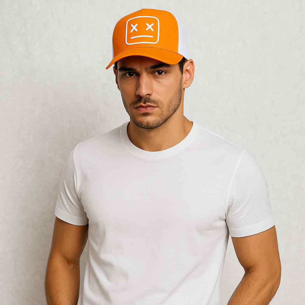 Un homme porte la Casquette Trucker Smiley orange